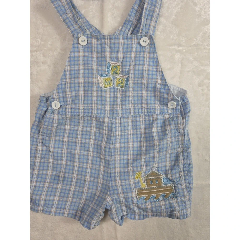 Y2K Vintage BT Kids Baby Boy Noah Ark Plaid Overall Hat Set 6-9M